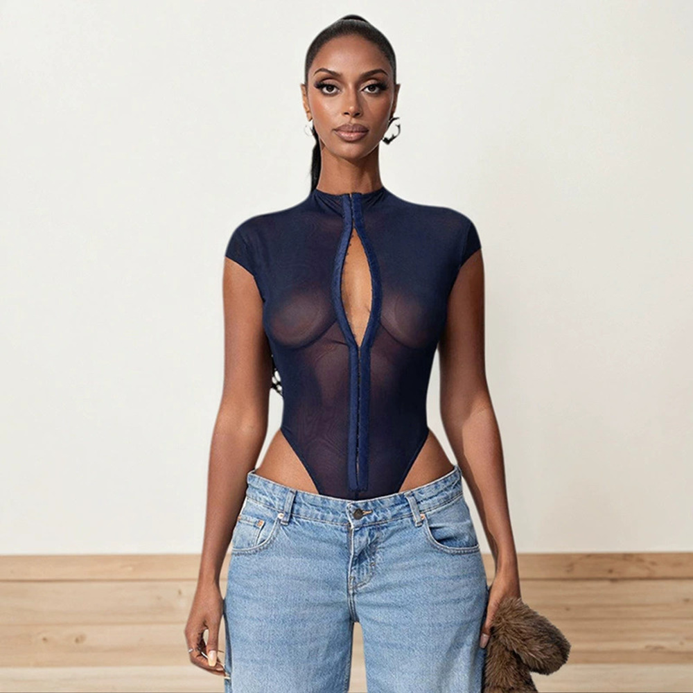 Zara Round Neck Metal Buckle Short Sleeve Mesh Bodysuit Triangle Bottom
